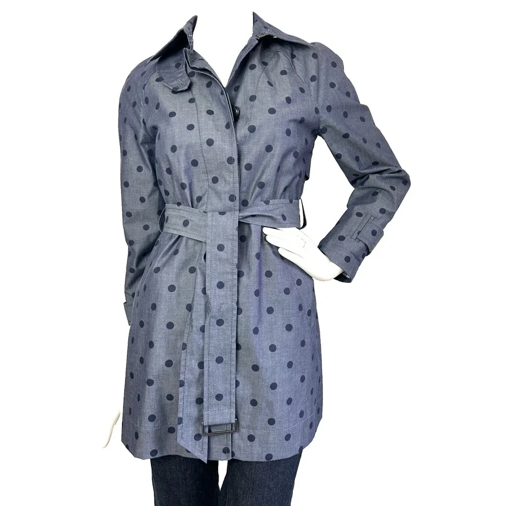Banana Republic Polka Dot Trench Coat Water Resistant Belt Button Blue XS EUC - Picture 4 of 10